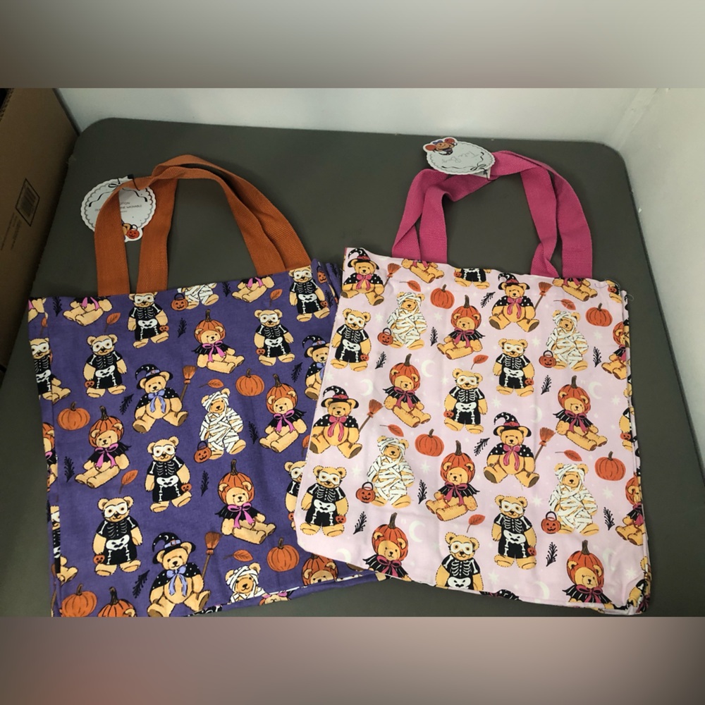 TikTok Viral Creepy Teddy Bear Reusable Tote Bags Set of 2 Pink & Purple NWT